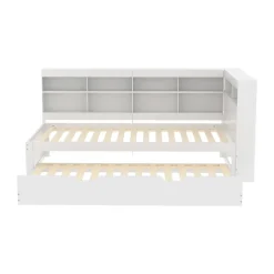 Lit 140x200 cm en bois massif blanc avec rangement intégré et prise USB, design contemporain