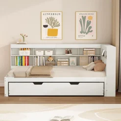 Lit 140x200 cm en bois massif blanc avec rangement intégré et prise USB, design contemporain