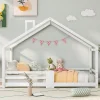 Lit 90x200 cm en bois massif blanc, forme maison avec cheminée, barrières anti-chute 4 côtés et lattes rigides