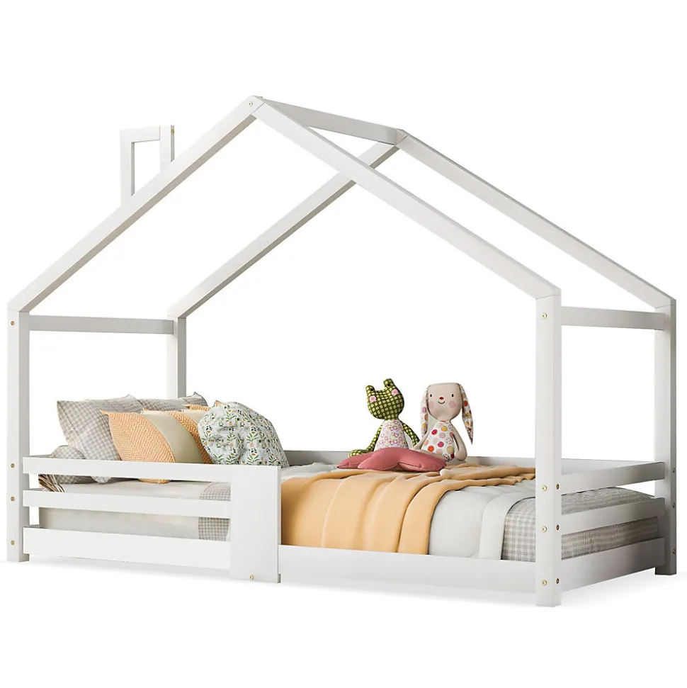 Lit 90x200 cm en bois massif blanc, forme maison avec cheminée, barrières anti-chute 4 côtés et lattes rigides