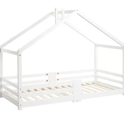 Lit 90x200 cm en bois massif blanc, forme maison avec cheminée, barrières anti-chute 4 côtés et lattes rigides