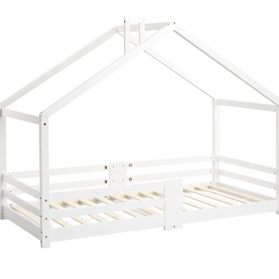 Lit 90x200 cm en bois massif blanc, forme maison avec cheminée, barrières anti-chute 4 côtés et lattes rigides