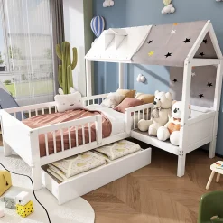 Lit 90x200 cm en bois massif forme maison avec rangement intégré et tiroirs, coloris blanc