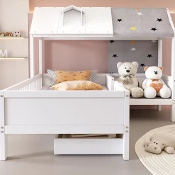 Lit 90x200 cm en bois massif forme maison avec rangement intégré et tiroirs, coloris blanc