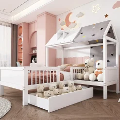 Lit 90x200 cm en bois massif forme maison avec rangement intégré et tiroirs, coloris blanc