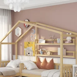 Lit 90x200 cm en bois massif façon maisonnette, structure en L avec tiroirs et étagères, finition naturel
