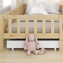 Lit 90x200 cm en bois massif façon maisonnette, structure en L avec tiroirs et étagères, finition naturel