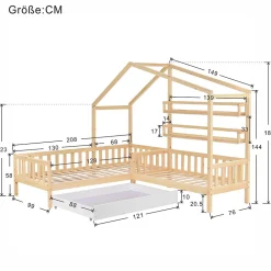 Lit 90x200 cm en bois massif façon maisonnette, structure en L avec tiroirs et étagères, finition naturel