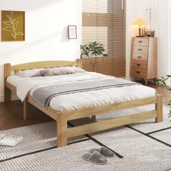 Lit 140x200 cm en bois massif naturel avec tête de lit et sommier à lattes, lit futon solide pour adolescents et adultes