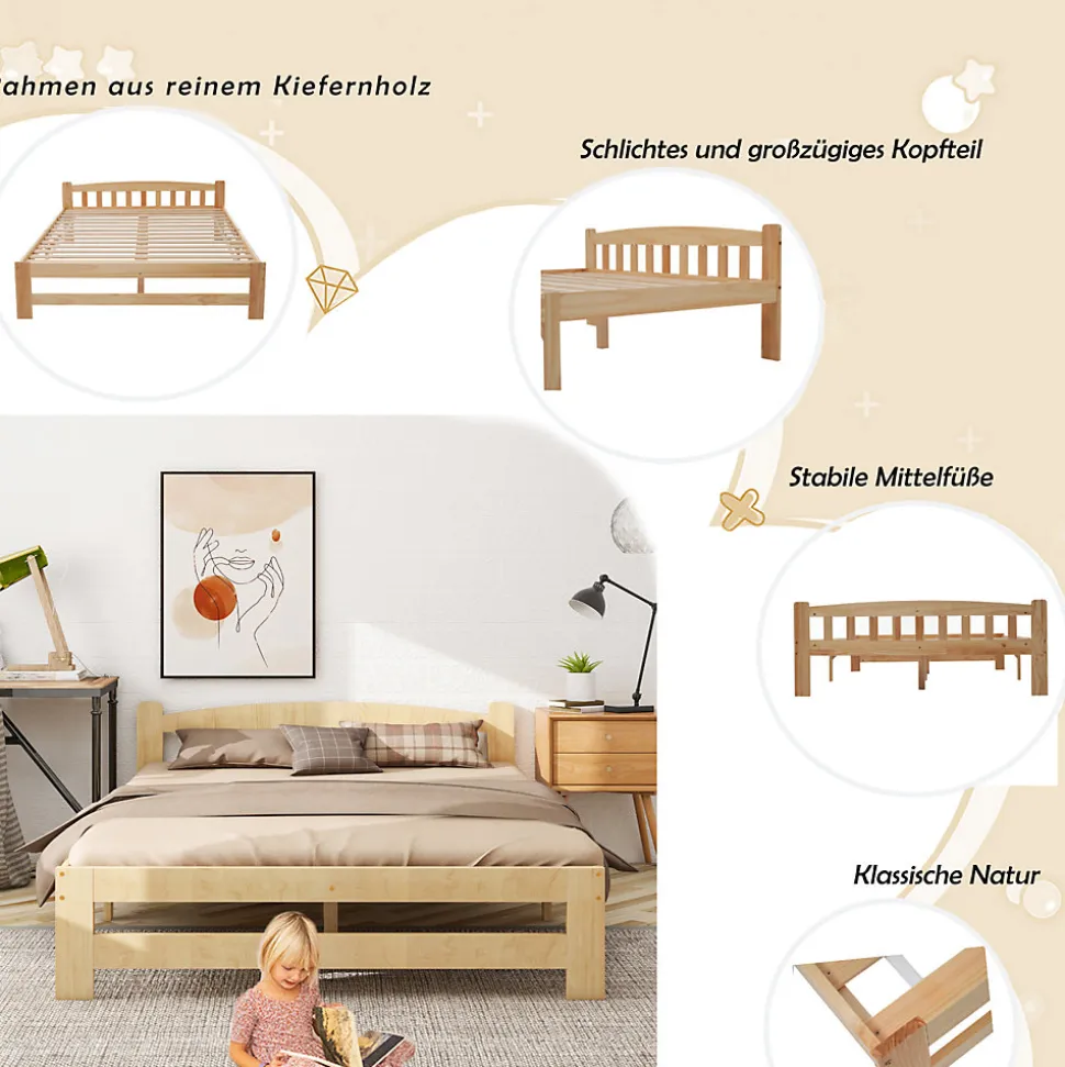 Lit 140x200 cm en bois massif naturel avec tête de lit et sommier à lattes, lit futon solide pour adolescents et adultes