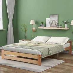 Lit 140x200 cm en bois massif naturel avec tête de lit, design épuré et finition personnalisable