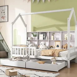 Lit 90x200 cm en bois massif style scandinave en forme de maison avec 2 tiroirs de rangement blanc