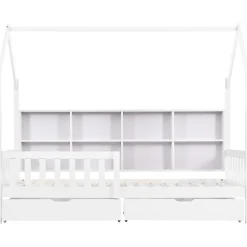 Lit 90x200 cm en bois massif style scandinave en forme de maison avec 2 tiroirs de rangement blanc
