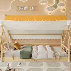 Lit 90x200 cm en bois massif style maison avec tente amovible et barrières de sécurité, finition blanc/naturel