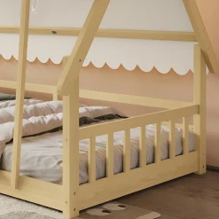 Lit 90x200 cm en bois massif style maison avec tente amovible et barrières de sécurité, finition blanc/naturel