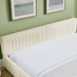 Lit 140x200 cm en chenille beige avec plis décoratifs, structure bois d'eucalyptus et cadre métal solide