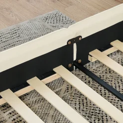 Lit 140x200 cm en chenille beige avec plis décoratifs, structure bois d'eucalyptus et cadre métal solide