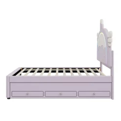 Lit 90x200 cm en forme de licorne avec tête de lit en PU et tiroir gigogne, style enfant violet, MDF robuste