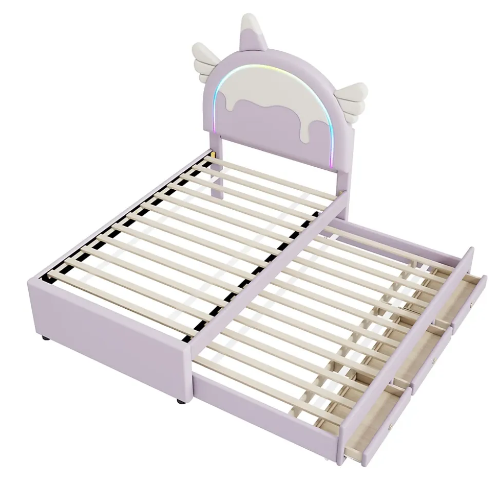 Lit 90x200 cm en forme de licorne avec tête de lit en PU et tiroir gigogne, style enfant violet, MDF robuste