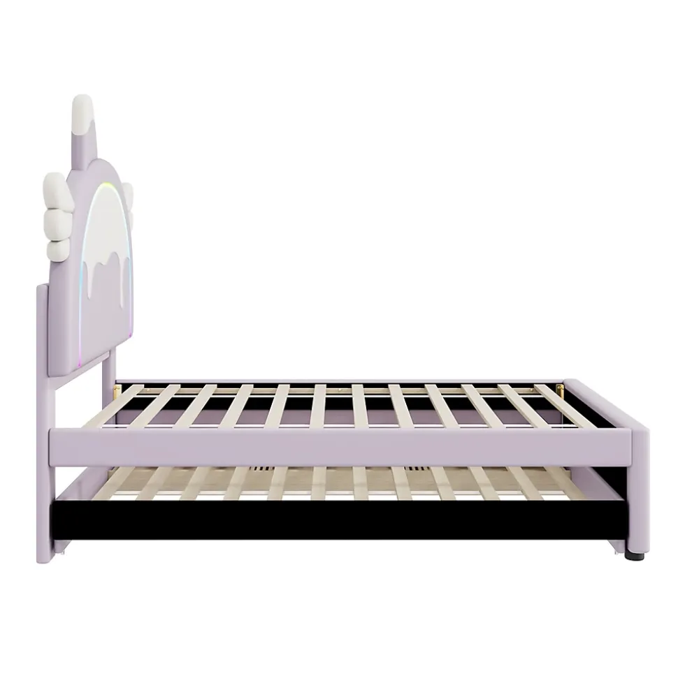 Lit 90x200 cm en forme de licorne avec tête de lit en PU et tiroir gigogne, style enfant violet, MDF robuste