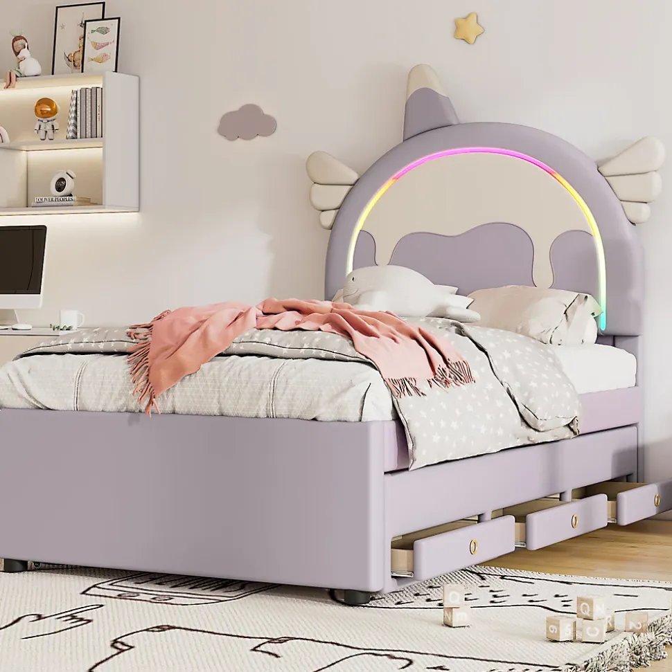 Lit 90x200 cm en forme de licorne avec tête de lit en PU et tiroir gigogne, style enfant violet, MDF robuste