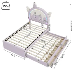 Lit 90x200 cm en forme de licorne avec tête de lit en PU et tiroir gigogne, style enfant violet, MDF robuste