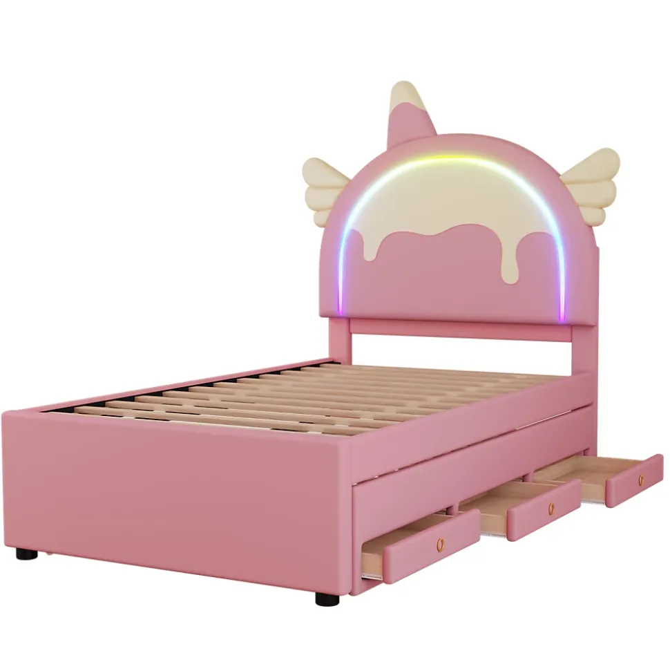 Lit 90x200 cm en forme de licorne avec lit gigogne et tête de lit rembourrée en PU, style enfant rose