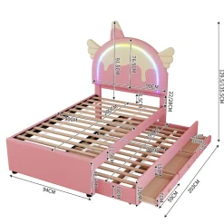 Lit 90x200 cm en forme de licorne avec lit gigogne et tête de lit rembourrée en PU, style enfant rose