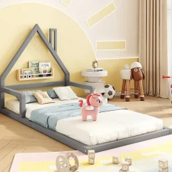 Lit 90x200 cm en forme de maison avec cadre en pin massif et MDF, design scandinave gris, sommier 7 lattes, idéal chambre enfant