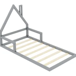 Lit 90x200 cm en forme de maison avec cadre en pin massif et MDF, design scandinave gris, sommier 7 lattes, idéal chambre enfant
