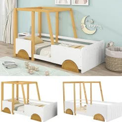 Lit 90x200 cm en forme de voiture avec cadre en pin massif et barrières de protection, blanc/naturel