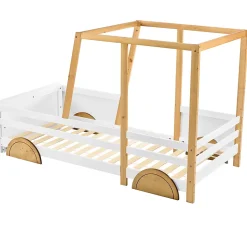 Lit 90x200 cm en forme de voiture avec cadre en pin massif et barrières de protection, blanc/naturel