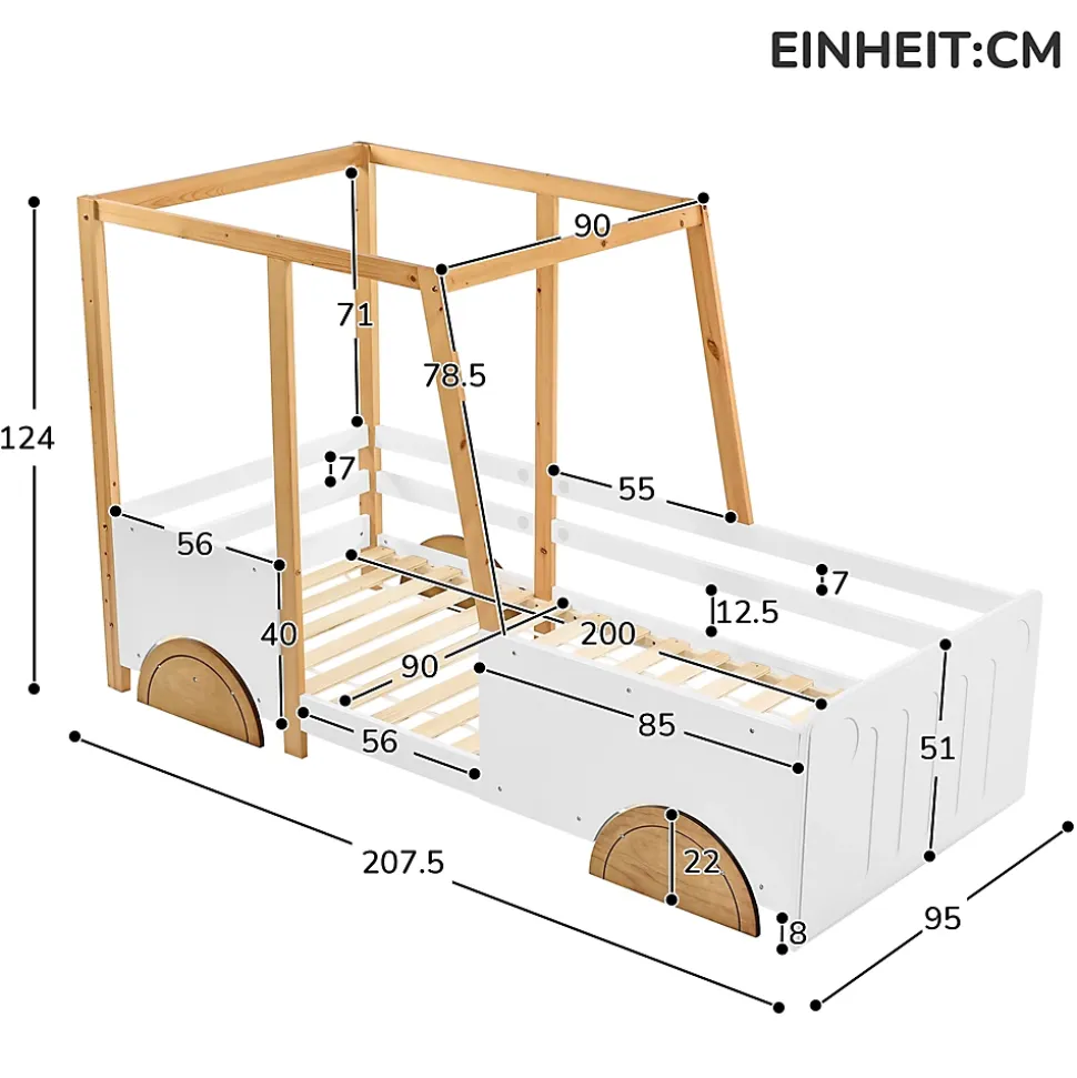 Lit 90x200 cm en forme de voiture avec cadre en pin massif et barrières de protection, blanc/naturel