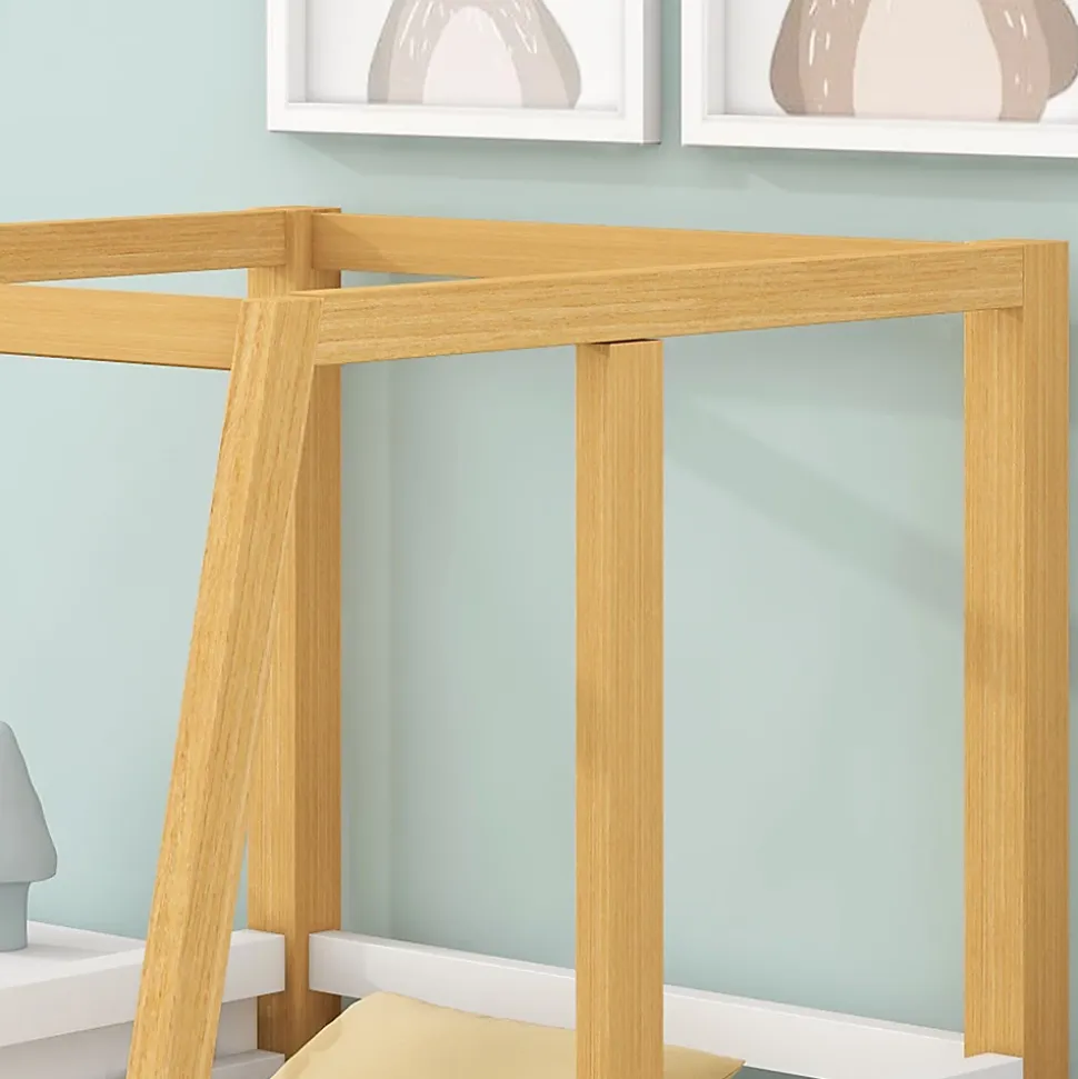 Lit 90x200 cm en forme de voiture avec cadre en pin massif et barrières de protection, blanc/naturel