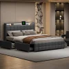 Lit 160x200 cm en lin gris avec 4 tiroirs, tête de lit LED avec prises USB intégrées, Grand rangement et design élégant