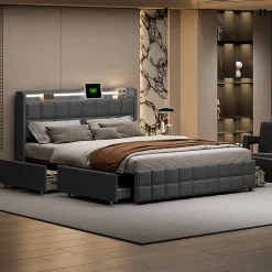 Lit 160x200 cm en lin gris avec 4 tiroirs, tête de lit LED avec prises USB intégrées, Grand rangement et design élégant