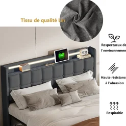 Lit 160x200 cm en lin gris avec 4 tiroirs, tête de lit LED avec prises USB intégrées, Grand rangement et design élégant