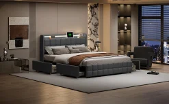 Lit 160x200 cm en lin gris avec 4 tiroirs, tête de lit LED avec prises USB intégrées, Grand rangement et design élégant