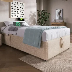 Lit 90x190 cm en lin naturel avec rangement hydraulique, étagère tête de lit et ports USB-C