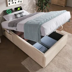 Lit 90x190 cm en lin naturel avec rangement hydraulique, étagère tête de lit et ports USB-C