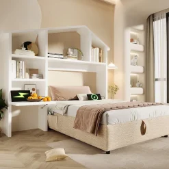 Lit 90x190 cm en lin naturel avec rangement hydraulique, étagère tête de lit et ports USB-C