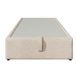 Lit 90x190 cm en lin naturel avec rangement hydraulique, étagère tête de lit et ports USB-C