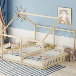 Lit 90x200 cm 2-en-1 modèle maison en pin et MDF couleur naturelle avec barrières de sécurité et toit décoratif