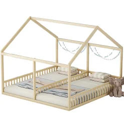 Lit 90x200 cm 2-en-1 modèle maison en pin et MDF couleur naturelle avec barrières de sécurité et toit décoratif