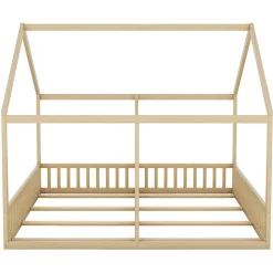 Lit 90x200 cm 2-en-1 modèle maison en pin et MDF couleur naturelle avec barrières de sécurité et toit décoratif