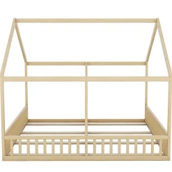 Lit 90x200 cm 2-en-1 modèle maison en pin et MDF couleur naturelle avec barrières de sécurité et toit décoratif