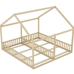 Lit 90x200 cm 2-en-1 modèle maison en pin et MDF couleur naturelle avec barrières de sécurité et toit décoratif