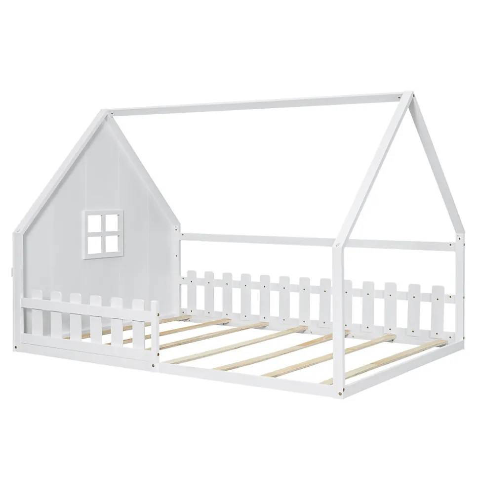 Lit 140x200 cm en pin et MDF en forme de maison avec barrières, finition blanche, design enfantin moderne