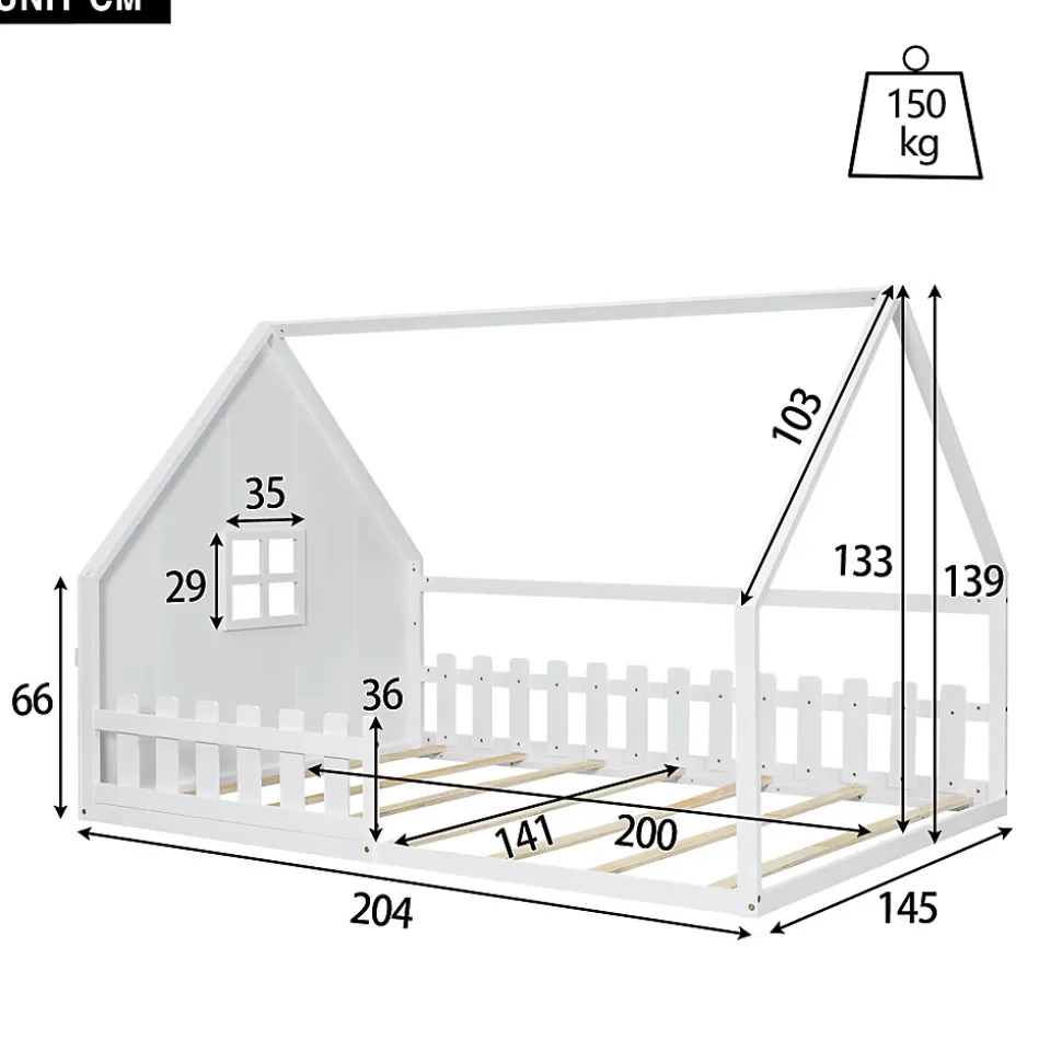 Lit 140x200 cm en pin et MDF en forme de maison avec barrières, finition blanche, design enfantin moderne