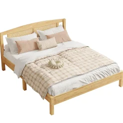 Lit 160x200 cm en pin et rotin PE avec tête de lit décorative, design naturel, 15 lattes et pieds centraux